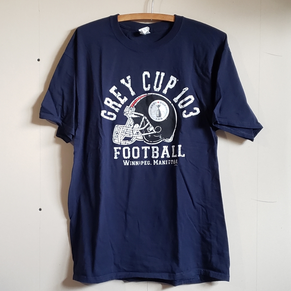 2015 CFL Grey Cup finals men's football tshirt navy blue Edmonton Eskimos, sz L